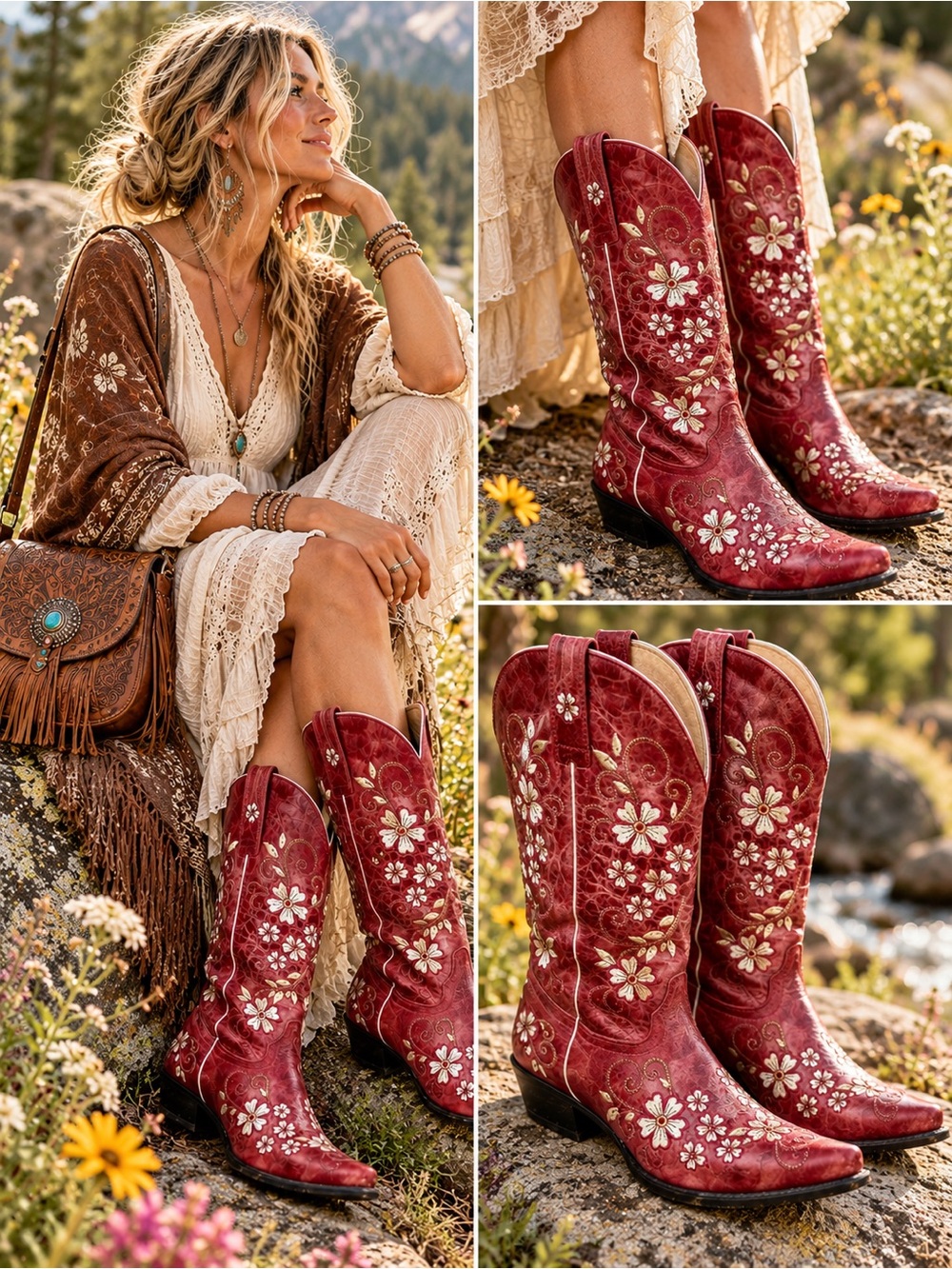 Shyanne Burgundy Floral Embroidered Western Cowboy Boots Size 10B Boho EUC